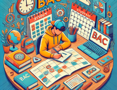coaching scolaire Étudiant travaillant sur un plan de révision personnalisé avec des livres, un ordinateur portable et un calendrier.